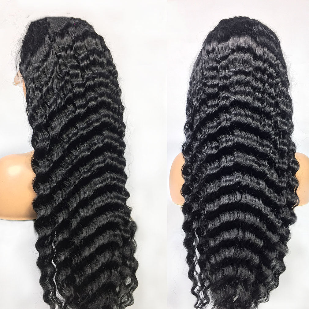 28 - 30 Inch Deep Wave Lace Frontal Wig: Human Hair 13x4 Front Wig 14black