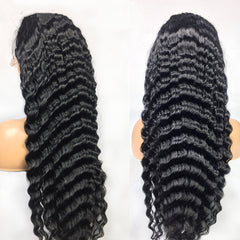 28 - 30 Inch Deep Wave Lace Frontal Wig: Human Hair 13x4 Front Wig 14black