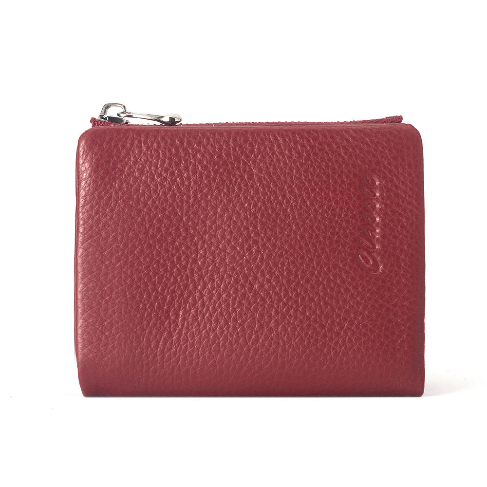 Leather Wallet Lychee Pattern Women's Short Purplish Red
