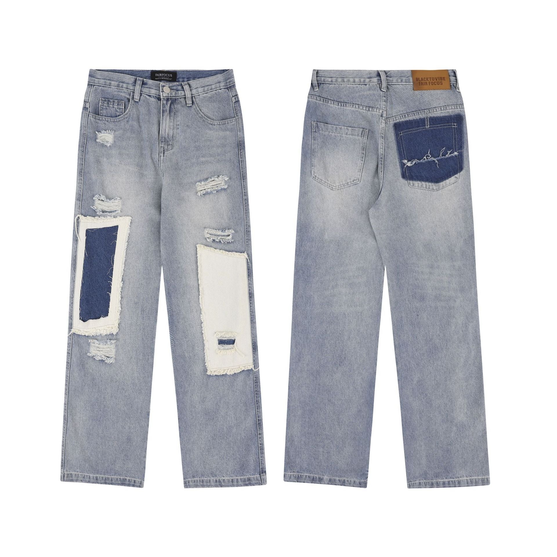 American - style Distressed Heavy Industry Straight Leg Jeans Blue