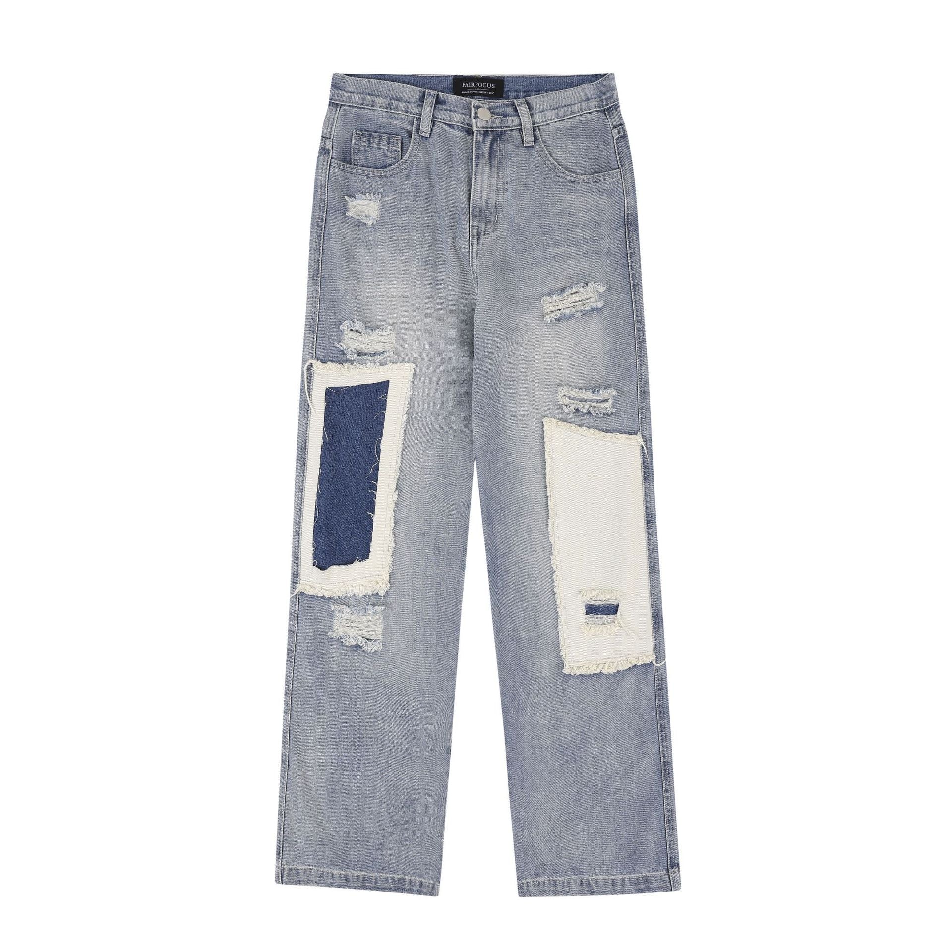 American - style Distressed Heavy Industry Straight Leg Jeans Blue