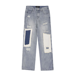 American - style Distressed Heavy Industry Straight Leg Jeans Blue
