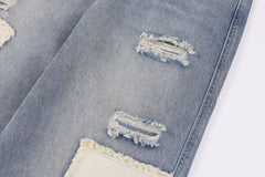American - style Distressed Heavy Industry Straight Leg Jeans Blue