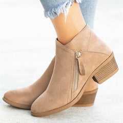 Ankle Boots For Women Low Heels Side Zipper Shoes Beige