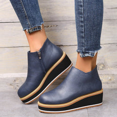 Ankle Boots Women Chunky Block Heel Shoes Navy blue