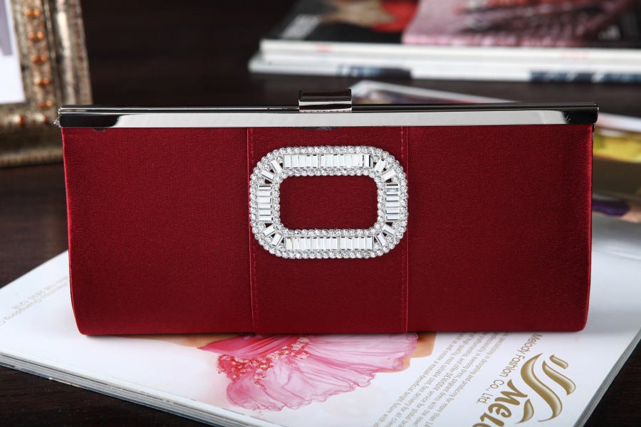 Banquet Buckle Square Diamond Clutch Hand Bag Wine Red