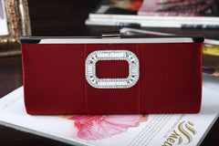 Banquet Buckle Square Diamond Clutch Hand Bag Wine Red