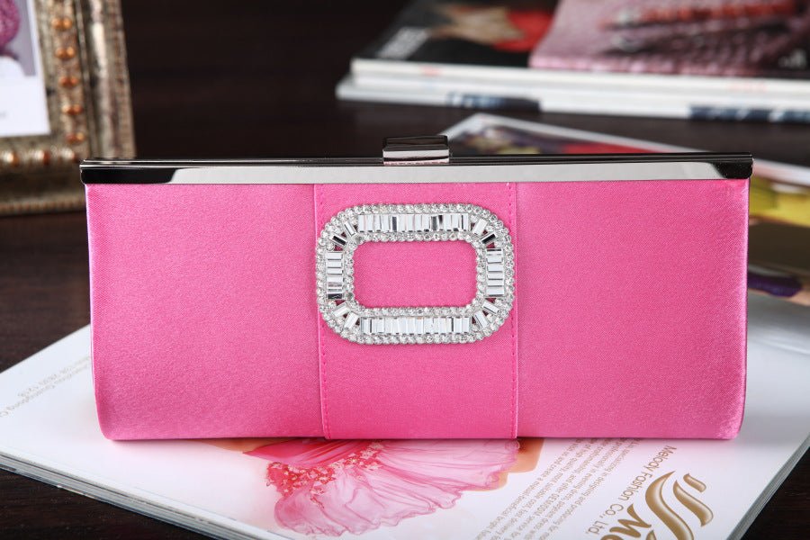 Banquet Buckle Square Diamond Clutch Hand Bag Rose Red