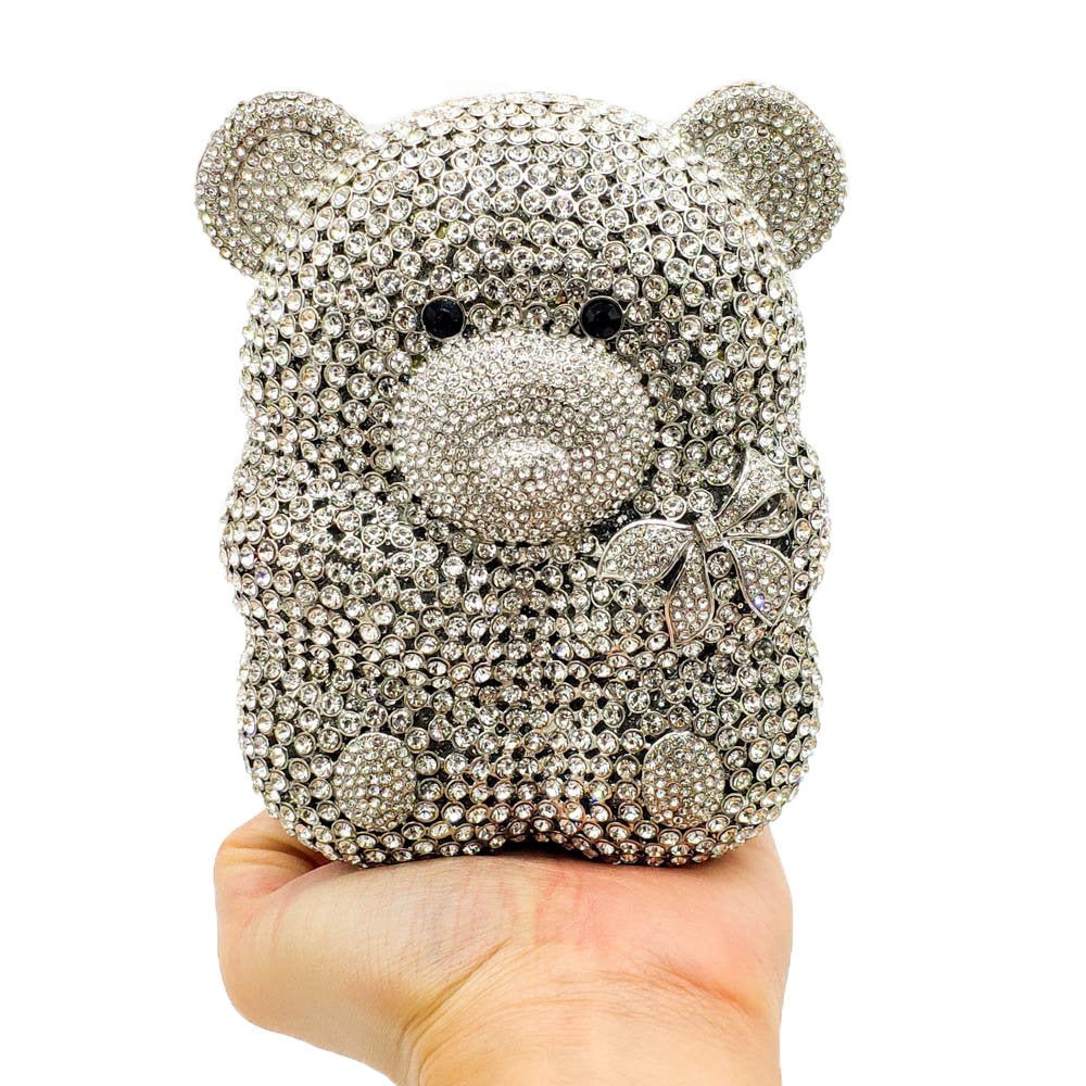 Bear Diamond Party Clutch Ladies Evening Bag Silver