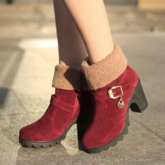 Belt Buckle Flanging High - heel Warm Women's Boots Red