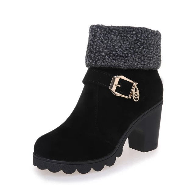 Belt Buckle Flanging High - heel Warm Women's Boots Red