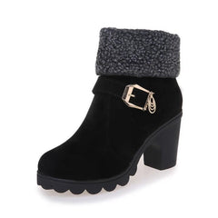 Belt Buckle Flanging High - heel Warm Women's Boots Red
