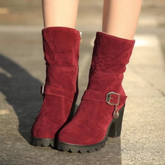 Belt Buckle Flanging High - heel Warm Women's Boots Red