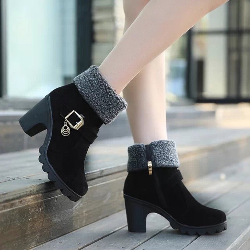 Belt Buckle Flanging High - heel Warm Women's Boots Black