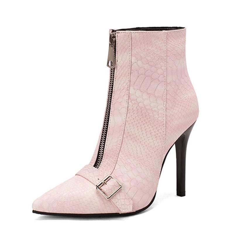 Belt Buckle Front Zipper High Heel Boots Pink