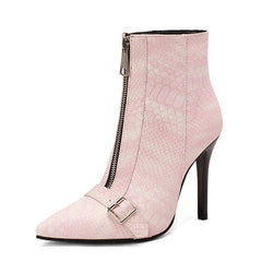 Belt Buckle Front Zipper High Heel Boots Pink