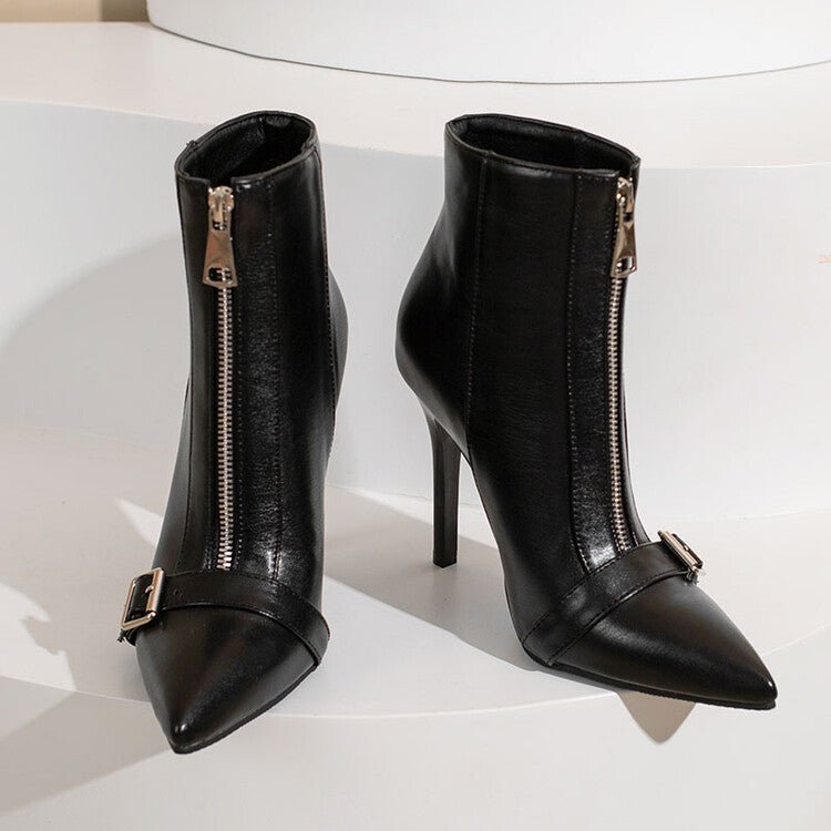 Belt Buckle Front Zipper High Heel Boots Black