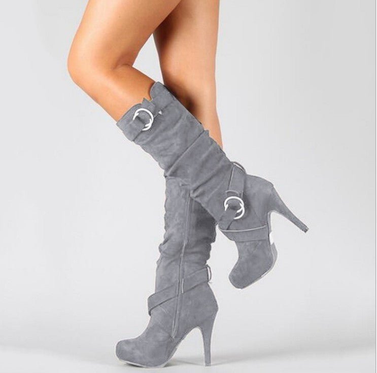 Belt buckle side zip high boots gray