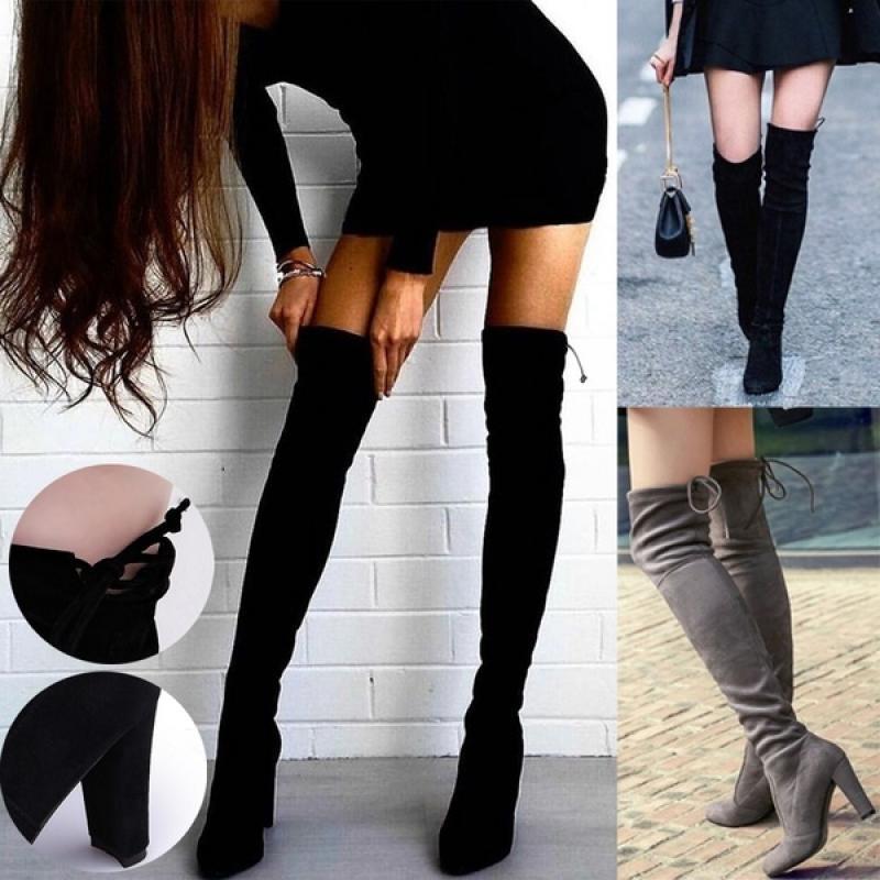 Black Knee High Boots For Women Grey