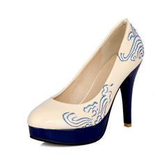 Blue and white porcelain embroidered high heels Blue