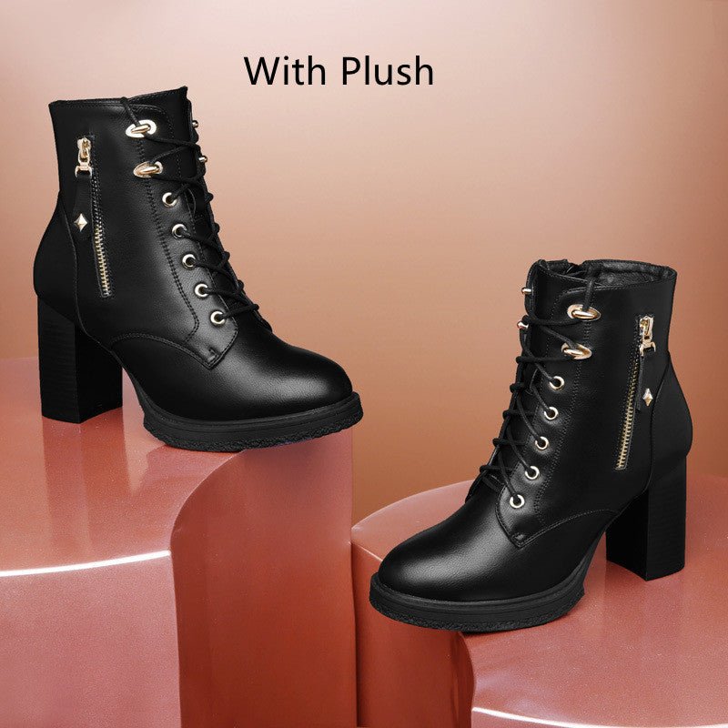 British Style Autumn And Winter Single Boots High Heels Double Zipper Fleece lined