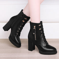 British Style Autumn And Winter Single Boots High Heels Double Zipper Fleece lined