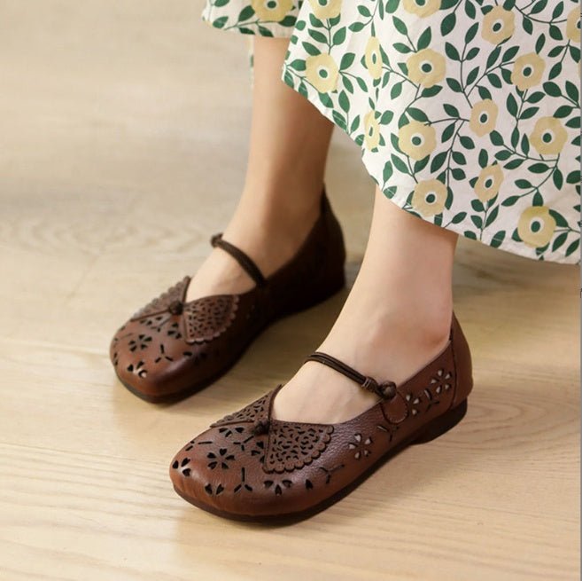 Buckle Ethnic Style Women's Shoes Hollow Breathable Flower Sandals light brown
