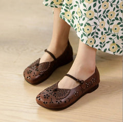 Buckle Ethnic Style Women's Shoes Hollow Breathable Flower Sandals light brown