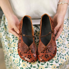 Buckle Ethnic Style Women's Shoes Hollow Breathable Flower Sandals light brown