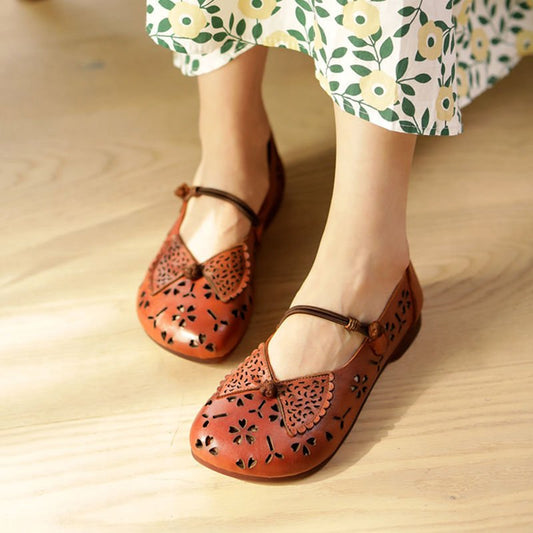 Buckle Ethnic Style Women's Shoes Hollow Breathable Flower Sandals light brown