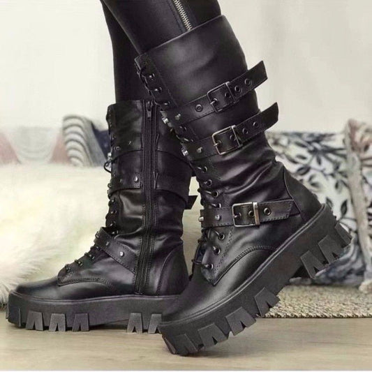 Buckle Lace - up Side Zip Punk Women's Mid Boots Black