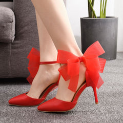 Butterfly Flower Wedding Shoes Strap Bridal Pointed High Heels Red