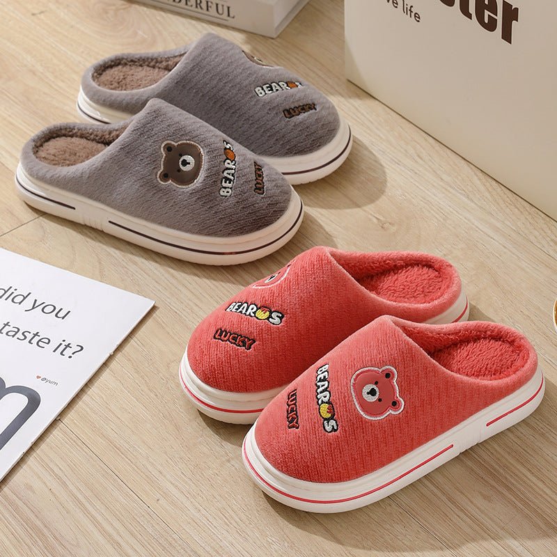 Cartoon Bear Plush Slippers For Couple Thick - Furry Slipper Men Coffee