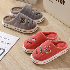 Cartoon Bear Plush Slippers For Couple Thick - Furry Slipper Men Coffee