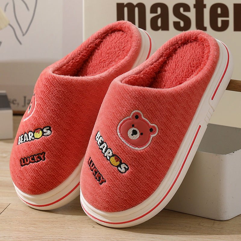 Cartoon Bear Plush Slippers For Couple Thick - Furry Slipper Men WIne Red