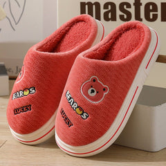 Cartoon Bear Plush Slippers For Couple Thick - Furry Slipper Men WIne Red