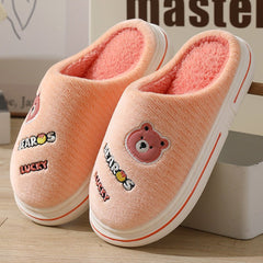 Cartoon Bear Plush Slippers For Couple Thick - Furry Slipper Men Orange