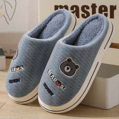 Cartoon Bear Plush Slippers For Couple Thick - Furry Slipper Men Grey