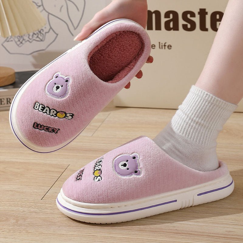 Cartoon Bear Plush Slippers For Couple Thick - Furry Slipper Men Coffee