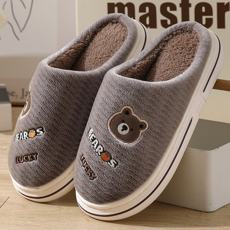 Cartoon Bear Plush Slippers For Couple Thick - Furry Slipper Men Coffee