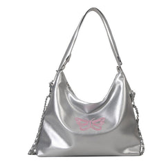 Chic Soft Leather Women's Large Capacity Shoulder Bucket Bag Silver