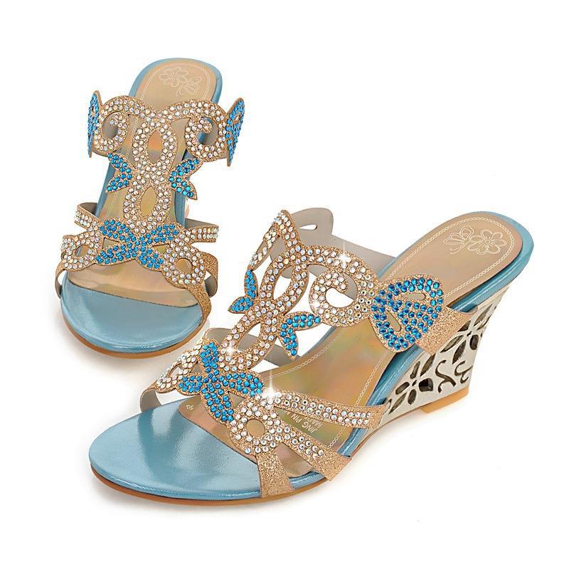 Chic Sparkling Wedge Sandals Peep Toe Slip - on Rhinestone Women's Sky Blue