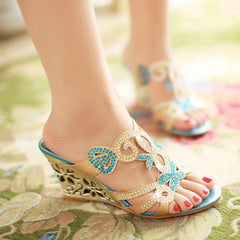 Chic Sparkling Wedge Sandals Peep Toe Slip - on Rhinestone Women's Sky Blue