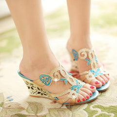 Chic Sparkling Wedge Sandals Peep Toe Slip - on Rhinestone Women's Sky Blue