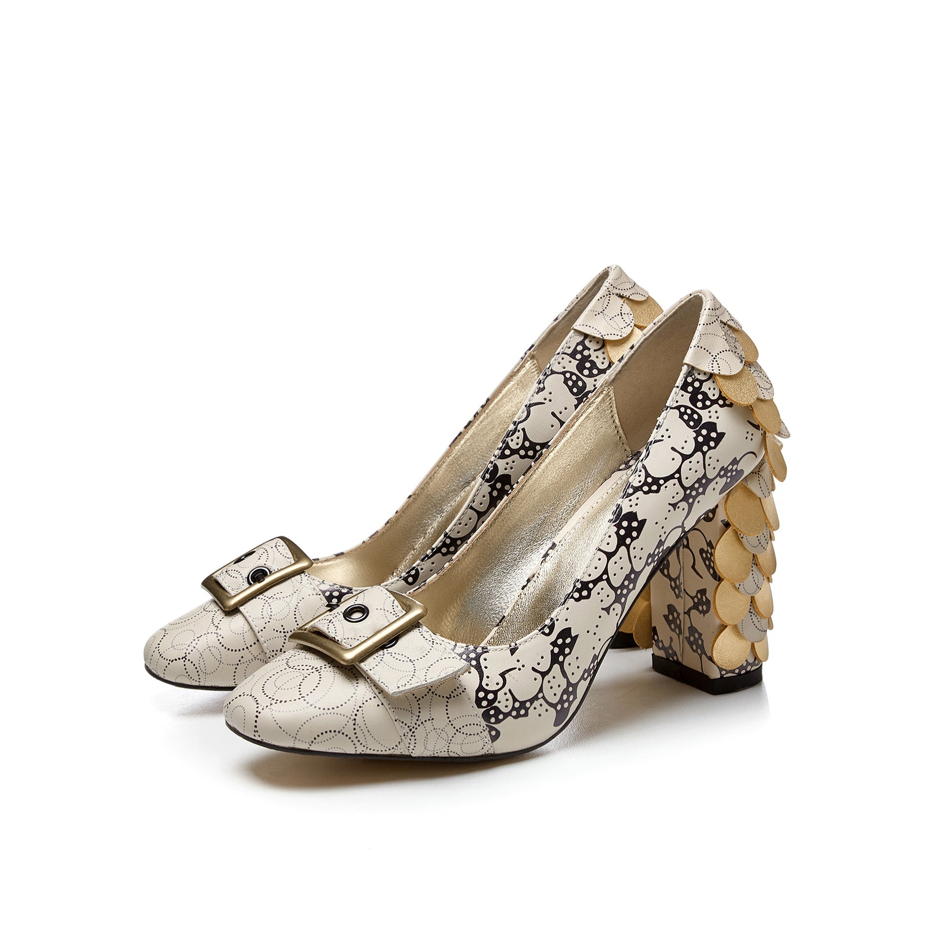 Chunky Heel High Heel Large Size Shoes Printed Cowhide Beige