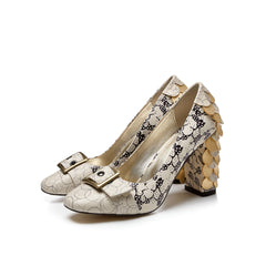 Chunky Heel High Heel Large Size Shoes Printed Cowhide Beige