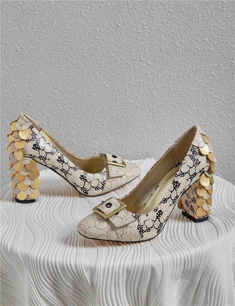 Chunky Heel High Heel Large Size Shoes Printed Cowhide Beige