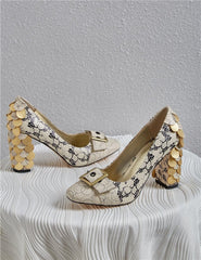 Chunky Heel High Heel Large Size Shoes Printed Cowhide Beige