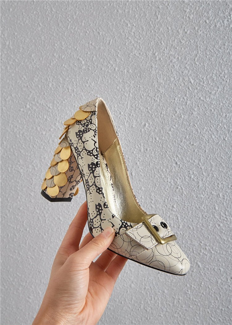 Chunky Heel High Heel Large Size Shoes Printed Cowhide Beige