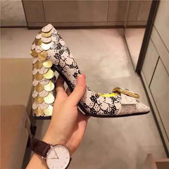 Chunky Heel High Heel Large Size Shoes Printed Cowhide Beige